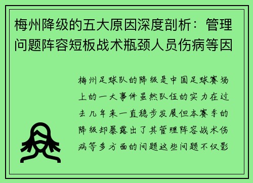 梅州降级的五大原因深度剖析：管理问题阵容短板战术瓶颈人员伤病等因素的综合影响