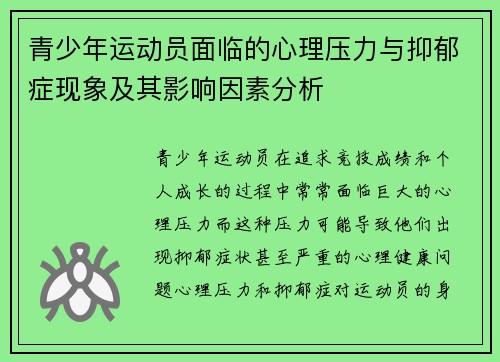 青少年运动员面临的心理压力与抑郁症现象及其影响因素分析