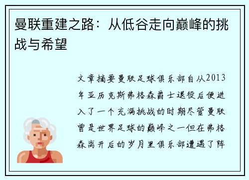 曼联重建之路：从低谷走向巅峰的挑战与希望