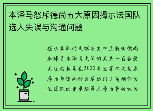 本泽马怒斥德尚五大原因揭示法国队选人失误与沟通问题