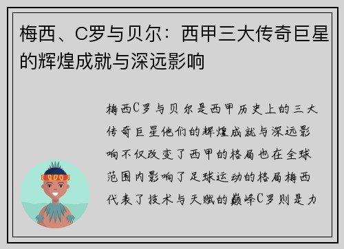 梅西、C罗与贝尔：西甲三大传奇巨星的辉煌成就与深远影响